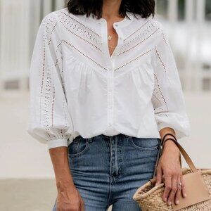 Maye The Fleur Cotton White Eyelet Embroidered 3/4 Ballon Sleeve Blouse Small